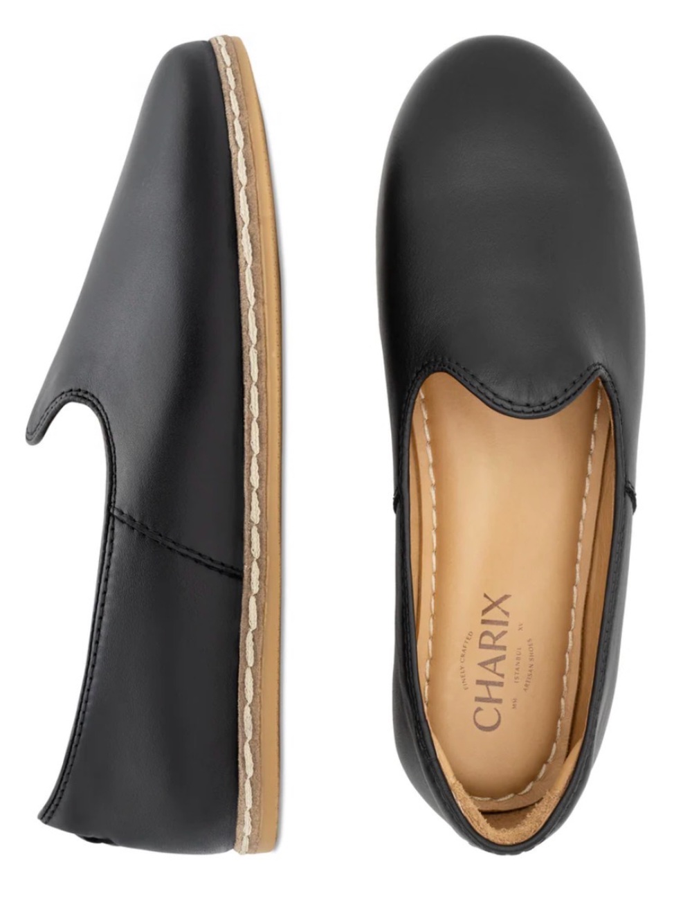 CHARIX Black Leather Slip-On Loafers with Tan Insole